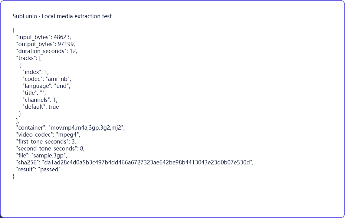 Actual 3GP extraction check: amr_nb audio → MP3. Synthetic tones; this does not measure transcription quality.