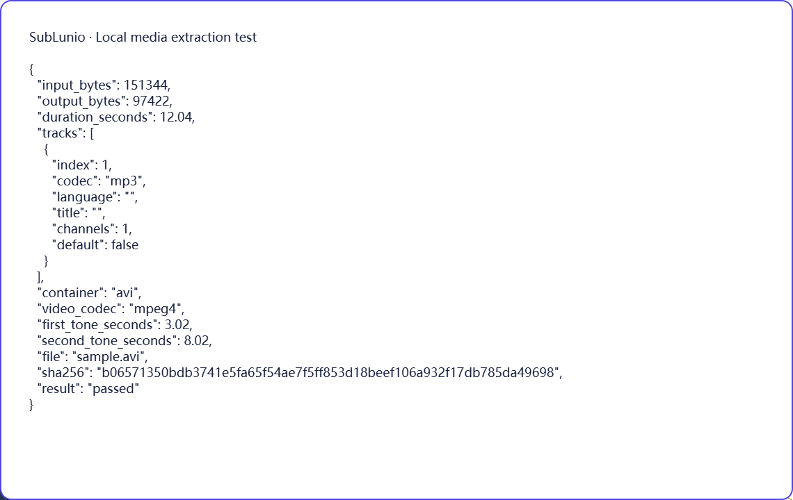 Actual AVI extraction check: mp3 audio → MP3. Synthetic tones; this does not measure transcription quality.