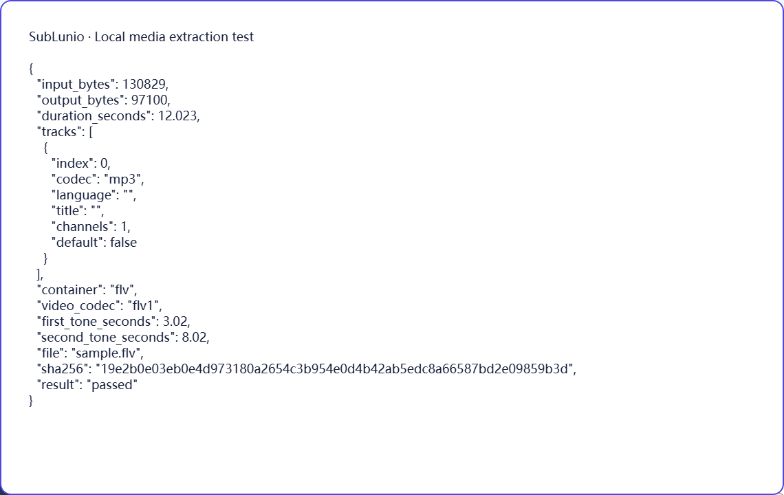 Actual FLV extraction check: mp3 audio → MP3. Synthetic tones; this does not measure transcription quality.