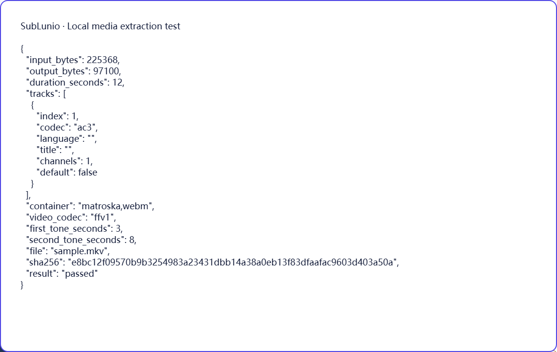 Actual MKV extraction check: ac3 audio → MP3. Synthetic tones; this does not measure transcription quality.