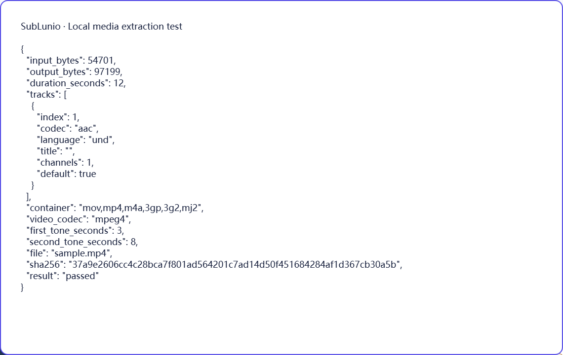 Actual MP4 extraction check: aac audio → MP3. Synthetic tones; this does not measure transcription quality.