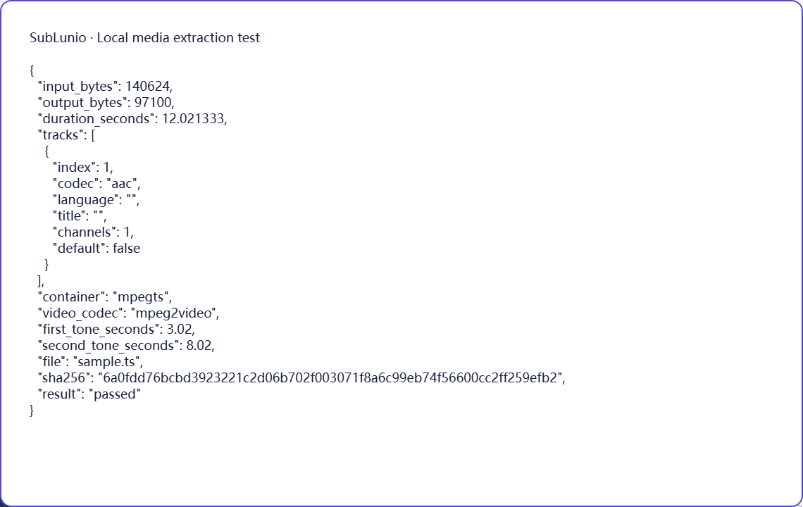 Actual TS extraction check: aac audio → MP3. Synthetic tones; this does not measure transcription quality.