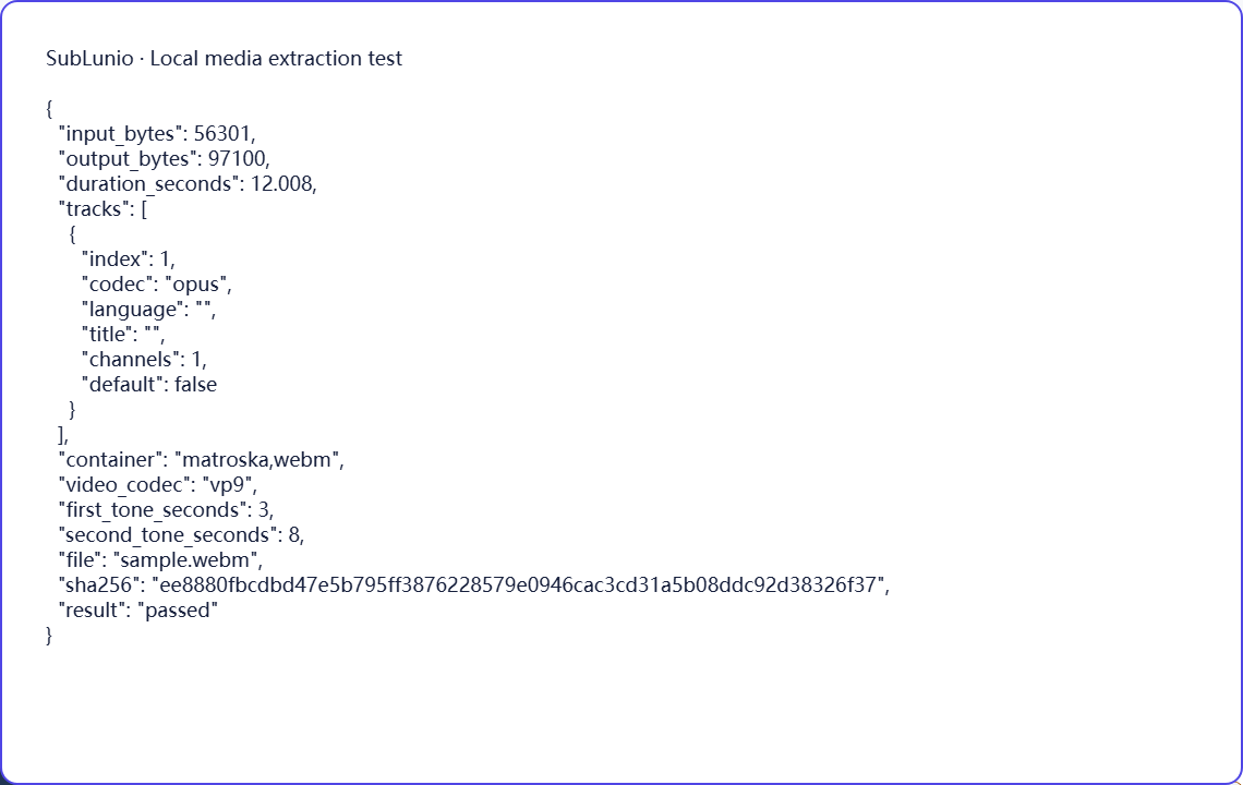 Actual WEBM extraction check: opus audio → MP3. Synthetic tones; this does not measure transcription quality.